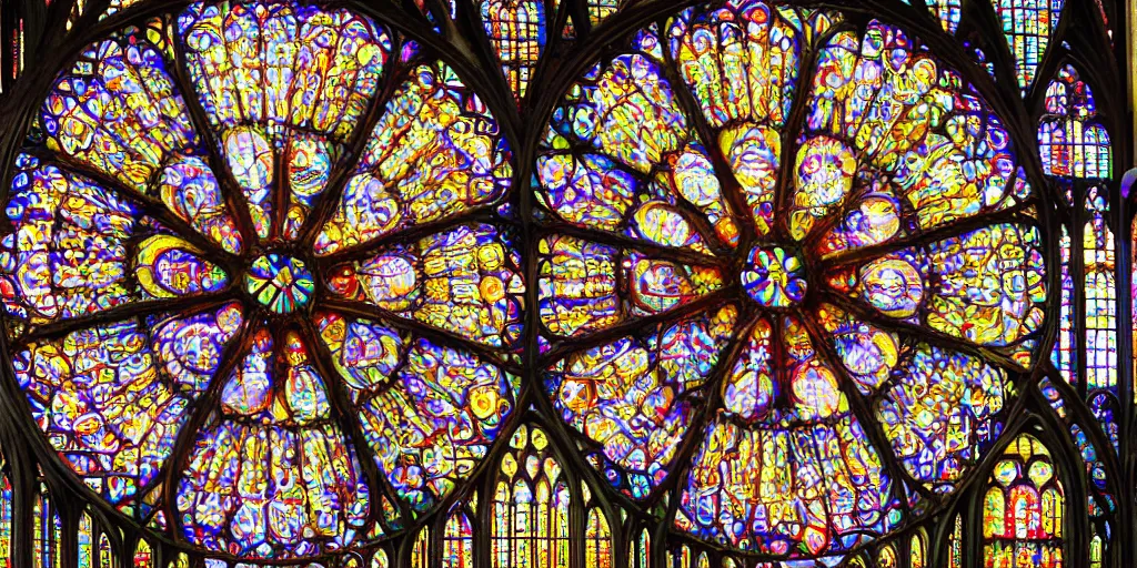 Prompt: gothic cathedral rose window megastructure in the style of heironymus bosch, intricate colorful masterpiece, hyper detailed, hd