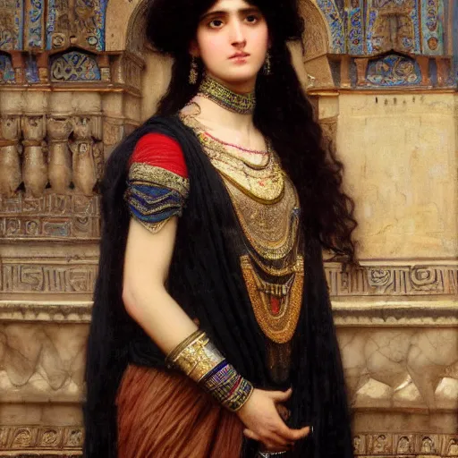 Prompt: orientalist portrait of a mesopotamian woman with thick black bangs and curls wearing an ornate dress standing inside sandstone ruins intricate artwork by john william waterhouse and Edwin Longsden Long and Theodore Ralli and Henryk Siemiradzki. trending on artstation, very coherent symmetrical artwork high detail 8k