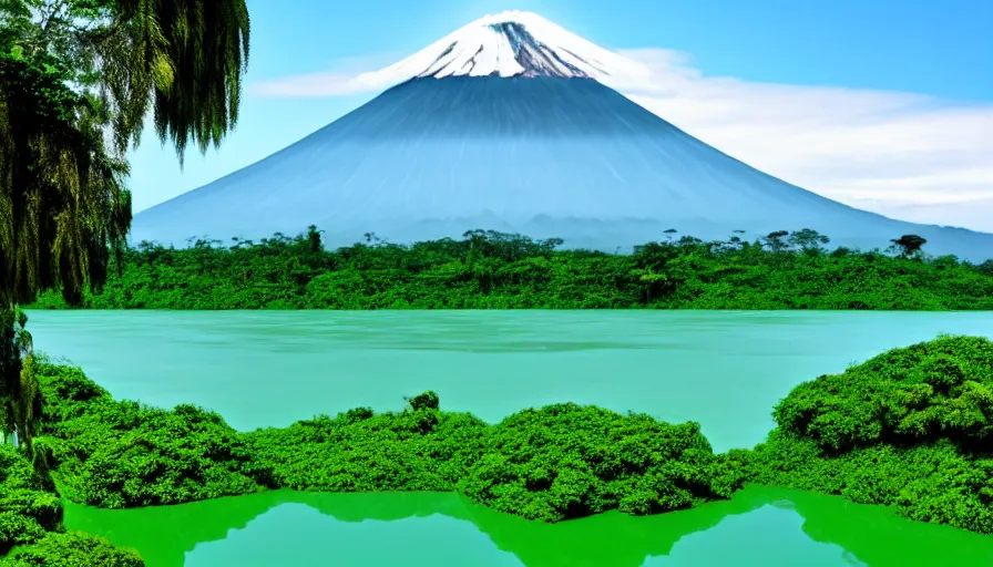 Image similar to a beautiful green scene, guatemalan lake full of water, volcano in background, high definition, beautiful award winning photography, 8 k.