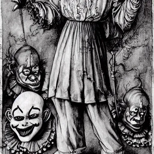 Prompt: fantasy painting of pennywise dancing by judson huss and henriette grindat and albrecht durer | horror themed | creepy