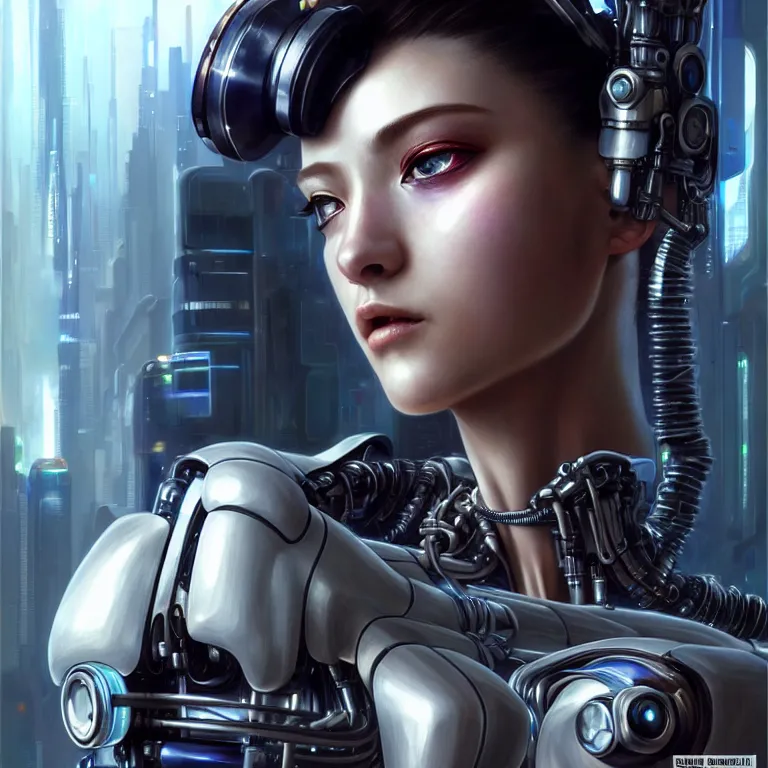 Image similar to ultra detailed, Mechanical Cyberpunk Female Android, looking into the camera!!, intricate, elegant, super highly detailed, professional digital painting, artstation, concept art, smooth, sharp focus, no blur, no dof, extreme illustration, Unreal Engine 5, Photorealism, 8k, cinematic, art by artgerm and greg rutkowski and alphonse mucha and loish and WLOP