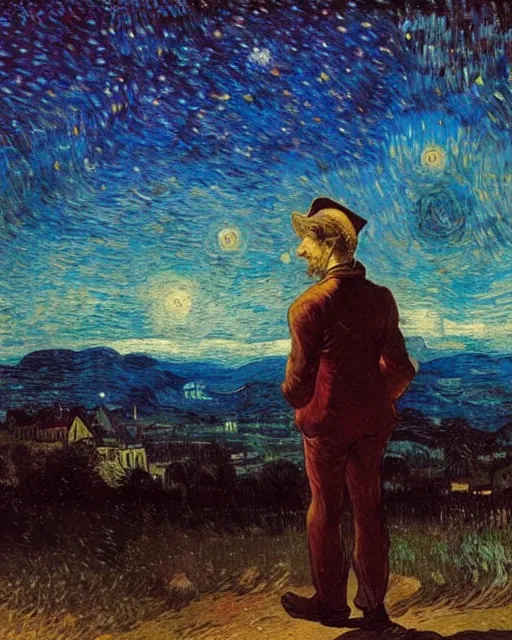 Prompt: a person looking at the night sky with stars, colorful, beautiful, national geographic, very detailed, astrophotography, oil painting, canvas, Vincent van Gogh, Caspar David Friedrich, Theodor Kittelsen, Sydney Mortimer Laurence, Albert Bierstadt