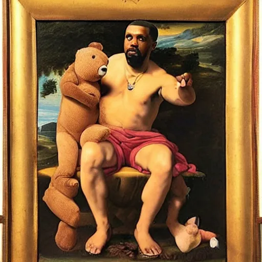 Image similar to A renaissance painting of Kanye West with a anthropomorphic Teddy Bear mascot, portrait,