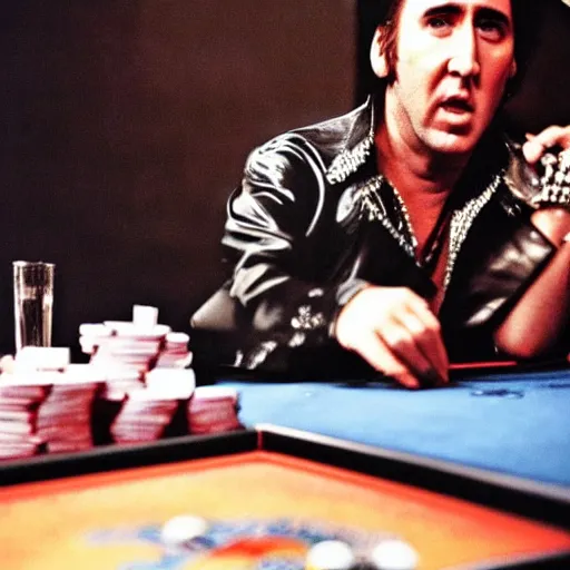 Image similar to nicolas cage as elvis presley playing the guitar over a poker table