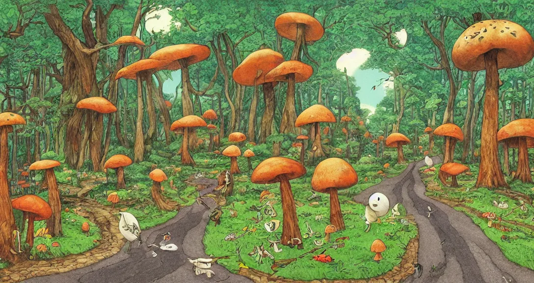 Image similar to road in a forest road, with different birds and animals, small and big fairy tale buildings, giant mushrooms, weird creatures, highly detailed, fantasy art, fairy tale illustration, book illustration, by sven nordqvist, by studio ghibli, by tove jansson