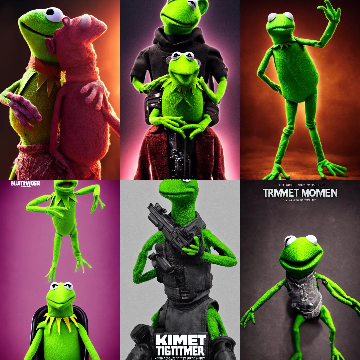 Prompt: movie poster of kermit the terminator, muppet cyborg, ultra realistic, cinematic lighting hd photography,