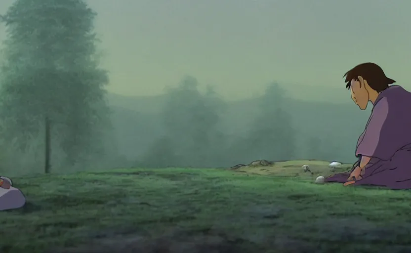 Image similar to a cell - shaded cartoon movie still from princess mononoke ( 1 9 9 7 ) of a middle eastern imam kneeling in prayer. a golden ufo is in the sky. very dull muted colors, hd, 4 k, hq