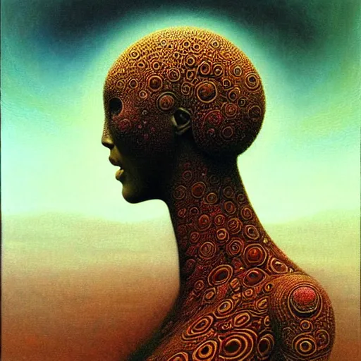 Image similar to ultra realist soft painting of a single attractive alien female, black scales, very intricate details, artstyle Zdzisław Beksiński, award winning