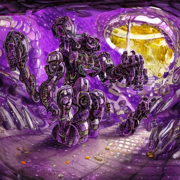 Image similar to detailed shot of inside a cavernous living stomach of a mecha goddess, the walls purple and pulsing, lots of acid pooling up on the floor, digesting and dissolving a small human as it thrashes in acid, food pov, micro pov, vore, digital art, furry art, anthro art, high quality, 8k 3D realistic, macro art, micro art, Furaffinity, Deviantart, Eka's Portal, G6