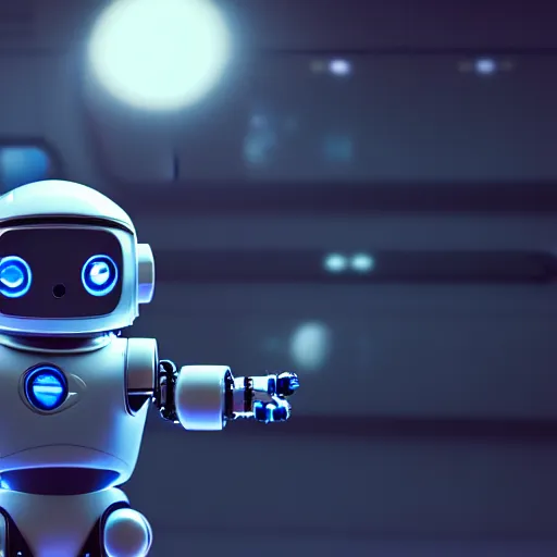 Image similar to a cute little robot at a space station. super realistic 8 k render of a dark hooded powerful elegant, cinematic composition