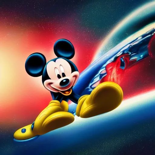 Prompt: hyper realistic picture of Mickey Mouse fighthing in space against Alien octane render style wide lens fresque