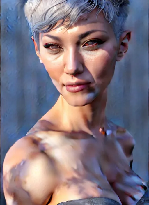 Image similar to photo of a gorgeous female with short gray hair in the style of stefan kostic, realistic, body shot, sharp focus, 8 k high definition, insanely detailed, intricate, elegant, art by stanley lau and artgerm, cherry blossoms