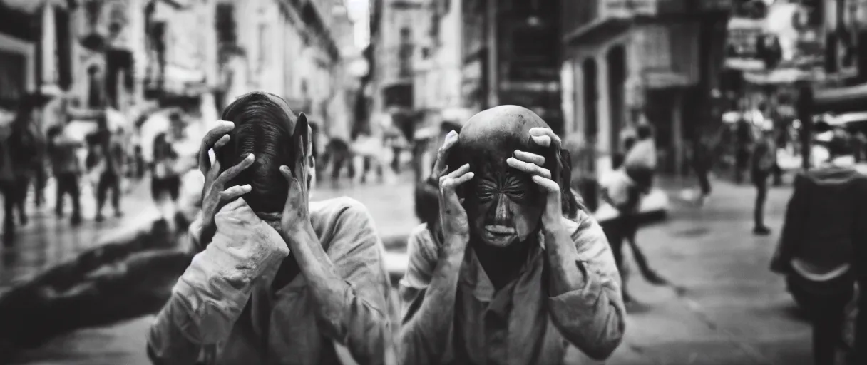 Image similar to super advanced alien doing facepalm when seeing human beings in the city, artistic photo, noir, monochrome, dark atmosphere, commercial photography, street photography, fine art, leica