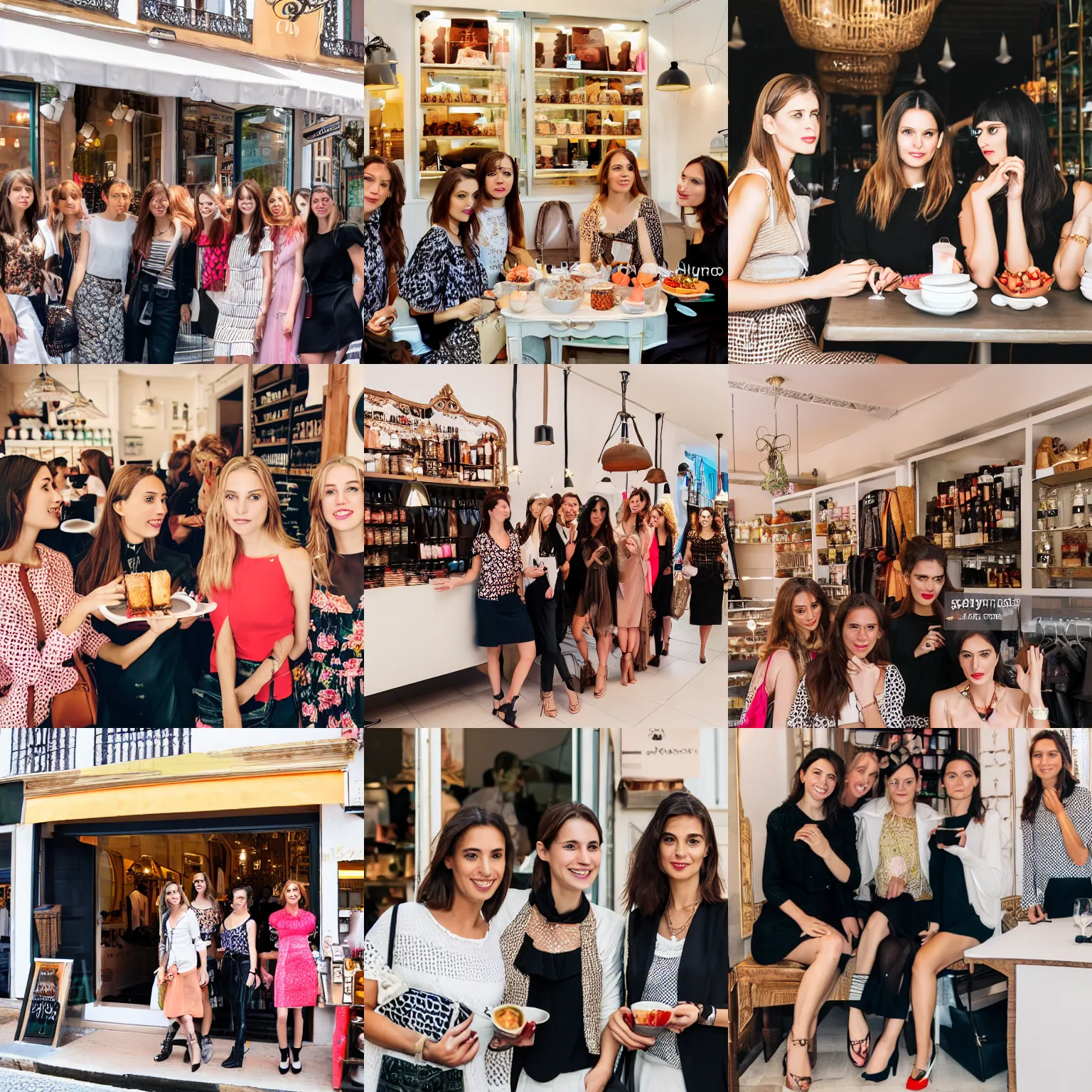 Prompt: Portugal Cafe Shop with french girls from a fashion event, professional photo