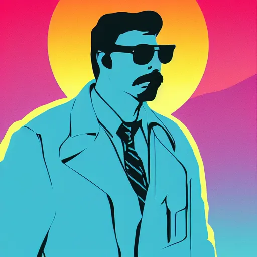 Image similar to portrait of tom selleck with light blue shutter shades in front of a sunset, a dark purple leather jacket, vector art by jan tengnagel, pixabay contest winner, retrofuturism, retrowave, synthwave, outrun