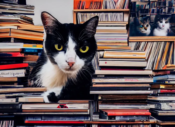 Image similar to photography of a Cat sitting on a pile of books and vinyls. a record player is in the shot. in a room full of vinyls and posters out of the 70's, photorealistic, raining award winning photo, 100mm, sharp, high res