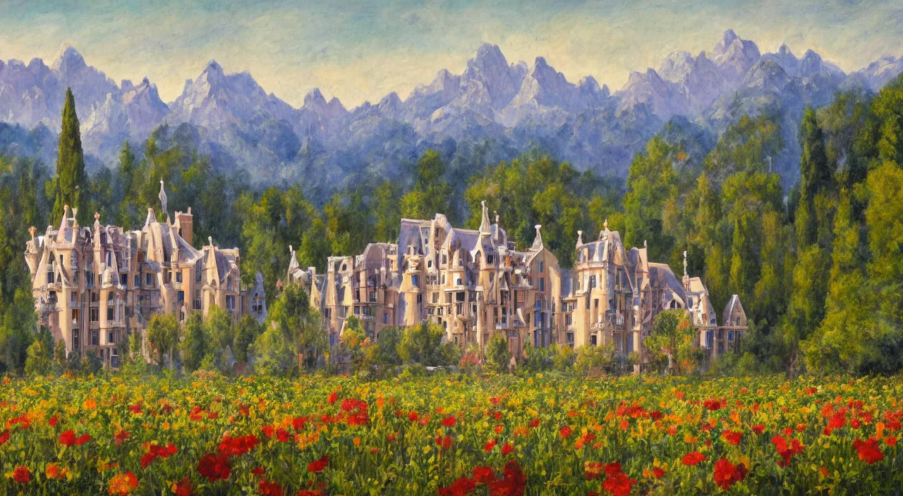 Image similar to a landscape painting of a manor designed by Antoni Gaudí, with flower fields as foreground, with mountains as background, trending on artstation