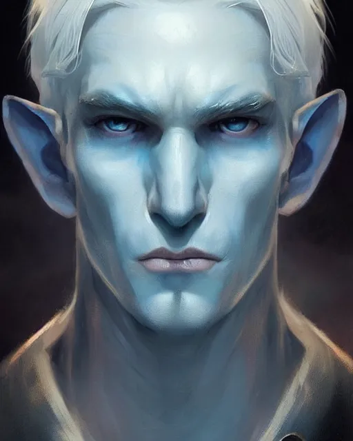 Prompt: character portrait of a slender half - elven man with white hair, piercing blue eyes, and pale bluish skin, by greg rutkowski, mark brookes, jim burns, tom bagshaw, trending on artstation