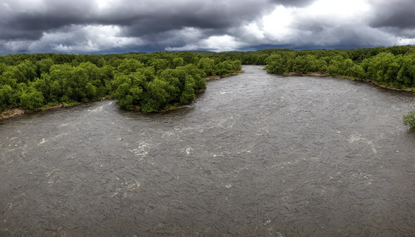 Image similar to barren river with large storm clouds and a single island