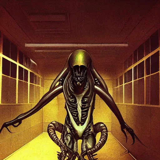 Image similar to black glossy xenomorph, alien movie, backrooms, endless abandoned office cubicles, pale yellow wallpaper, moist brown carpet, dim fluorescent lighting, artstation, ultra detailed, creepy, dramatic lighting, photorealistic, art by h. r. giger and chris foss and beksinski