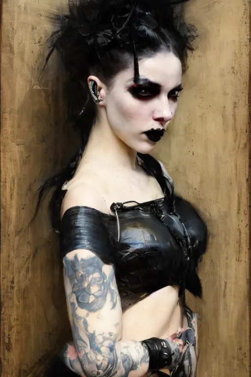 Image similar to Richard Schmid and Jeremy Lipking and Roberto Ferri full length portrait painting of a young beautiful victorian steampunk goth punk rock woman covered head in black except for face