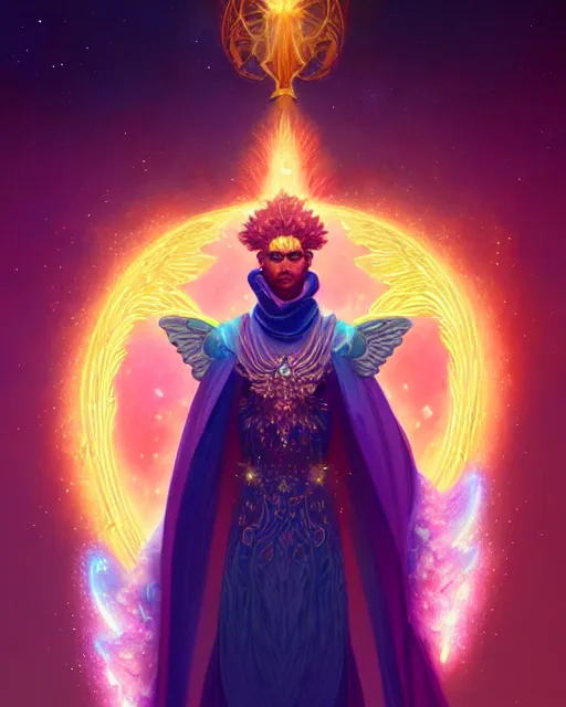 Prompt: a character portrait of only one male angel of justice with golden fiery wings, surrounded with spiriling sparkling rose crystals and galaxies, by peter mohrbacher, hyper light drifter, by ilya kuvshinov katsuhiro, jim burns, greg rutkowski, trending on artstation