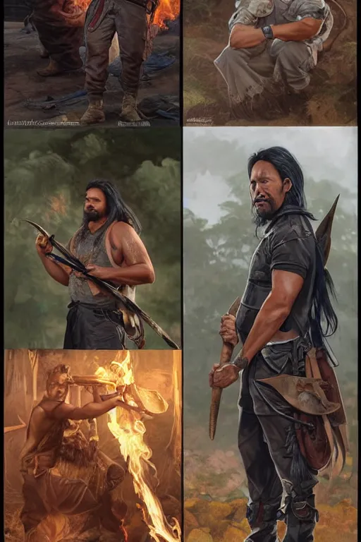 Prompt: full character concept art of doug marcaida from history channel's forged in fire, holding a kampilan, dense jungle, forge, fire and sparks, it will keall!!, detailed, high quality, dynamic lighting, dark fantasy. artwork by artgerm, wlop, alex ross, greg rutknowski, alphonse mucha