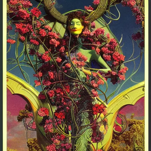 Image similar to A colorful, detailed print - A portrait of a robot composed entirely of flowers and vines. by Arnold Bocklin and Barclay Shaw, masterful print. 4k, unreal engine stunning Art Nouveau