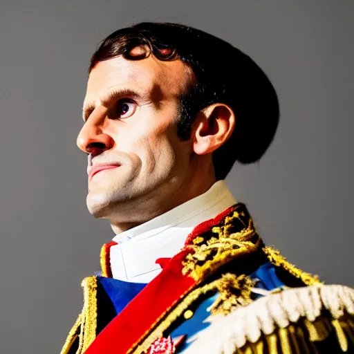 Image similar to macro photo of emmanuel macron dressed as napoleon, tilt shift, photography, telephoto lens, canon, nikon, focus