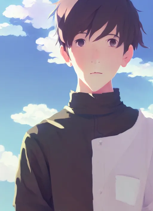 Prompt: portrait of cute boy, cloudy sky background lush landscape illustration concept art anime key visual trending pixiv fanbox by wlop and greg rutkowski and makoto shinkai and studio ghibli