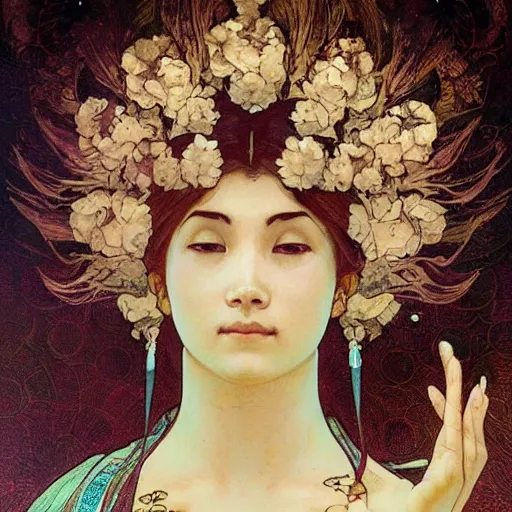 Image similar to beautiful eyes raining flowers bodhisattva, praying meditating, elegant, portrait art by greg rutkowski and alphonse mucha