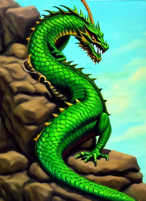 Image similar to “oil painting of green dragon with pointed tail sitting on a rocky outcropping in the style of Darrell K. Sweet”