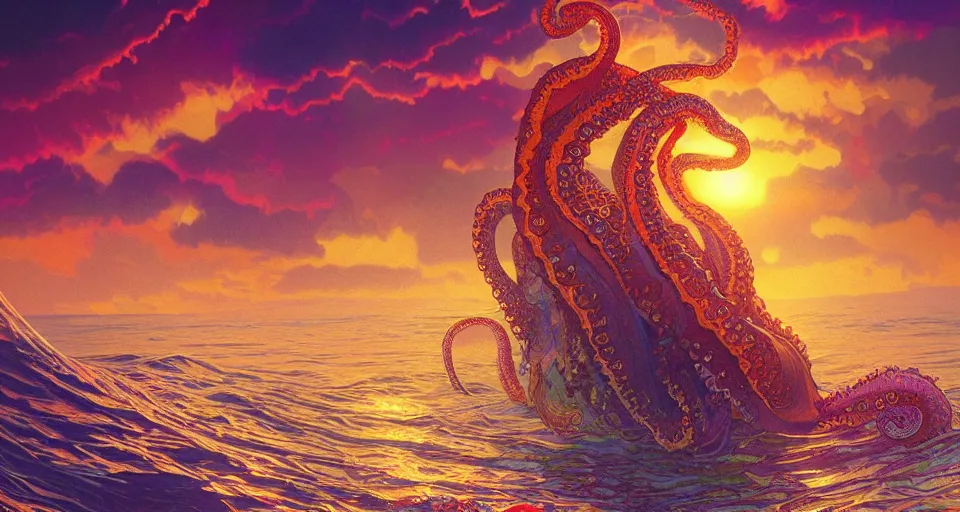 Prompt: insanely psychedelic ocean, intense waves, backlit octopus, sunset, refracted lighting, paisley pattern, elegant, 8 k resolution, intricate and fine details, digital painting, artstation, illustration, psychedelic ocean art, krenz cushart, alphonse mucha