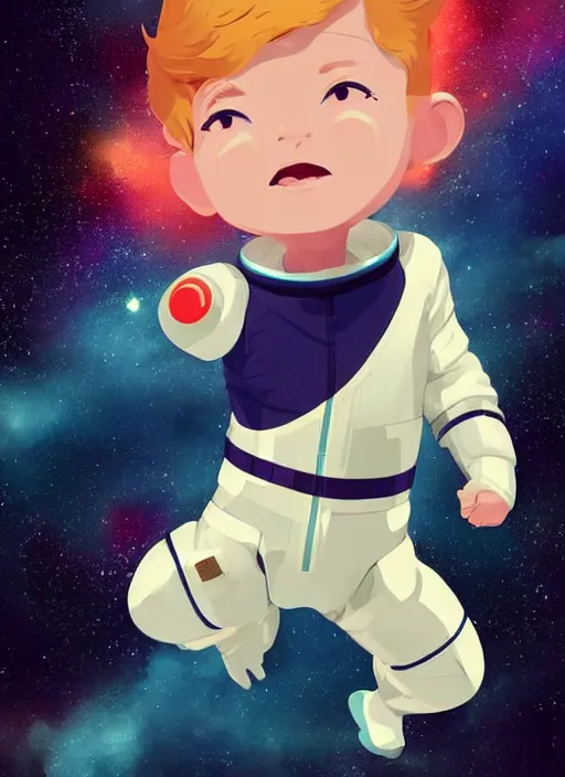 Prompt: little boy with short blonde hair. he is floating in space. he is wearing a space suit. background is a nebula. clean cel shaded vector art. shutterstock. behance hd by lois van baarle, artgerm, helen huang, by makoto shinkai and ilya kuvshinov, rossdraws, illustration, art by ilya kuvshinov