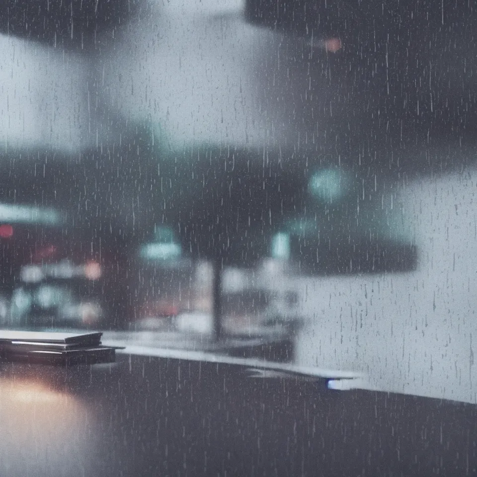 Image similar to lofi, rainy day, mood, laptop, octane render, light leaks 4k premiere pro, hyper realistic