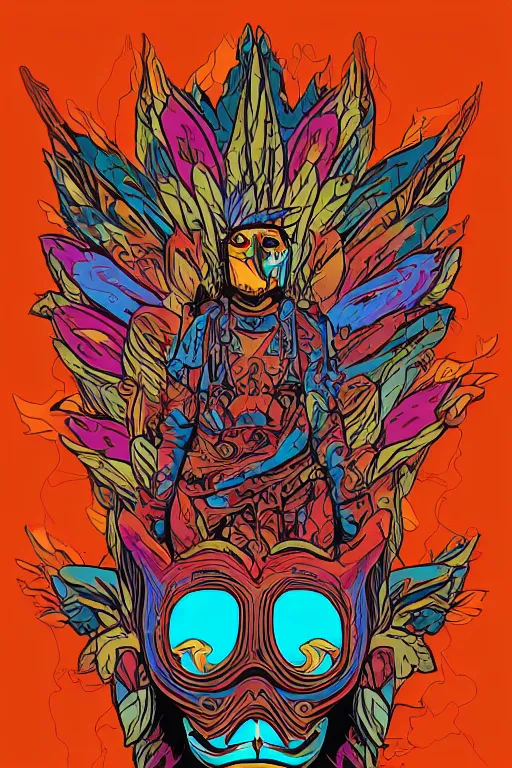 Image similar to animal mask totem roots flower tribal feather gemstone plant wood rock shaman vodoo video game vector cutout illustration vivid multicolor borderlands comics by josan gonzales and dan mumford radiating a glowing aura