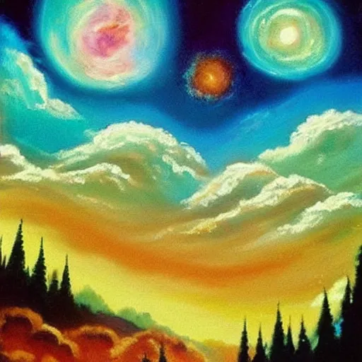 Image similar to bob ross painting the universe