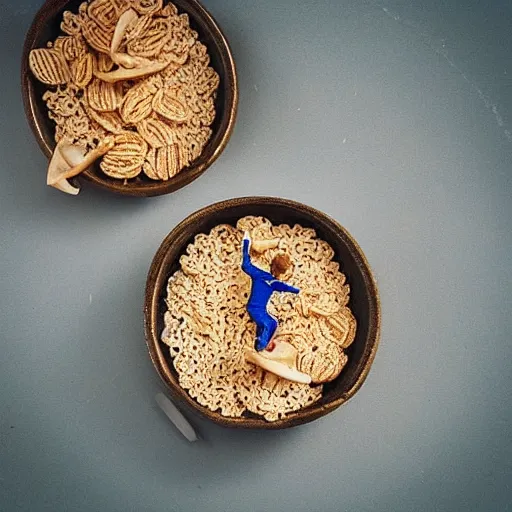 Image similar to “tiny people swimming in a cereal bowl, food photography”