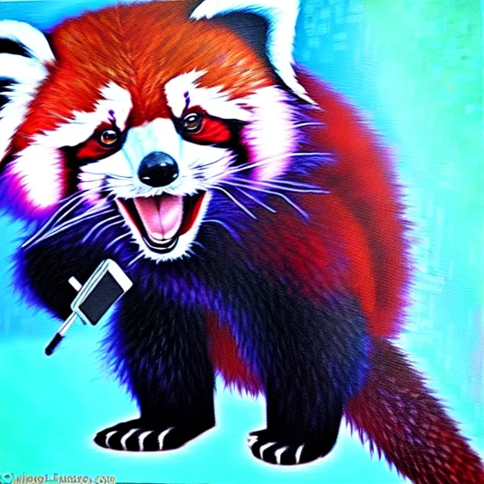 Image similar to an oil painting of a red panda with blue fur playing video games, furry, oil on canvas, cute, highly detailed, soft lighting, pastel, pretty