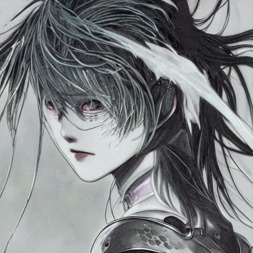 Image similar to Yoshitaka Amano blurred and dreamy illustration of an anime girl with black eyes, wavy white hair and cracks on her face wearing elden ring armour with the cape fluttering in the wind, abstract black and white patterns on the background, noisy film grain effect, highly detailed, Renaissance oil painting, weird portrait angle