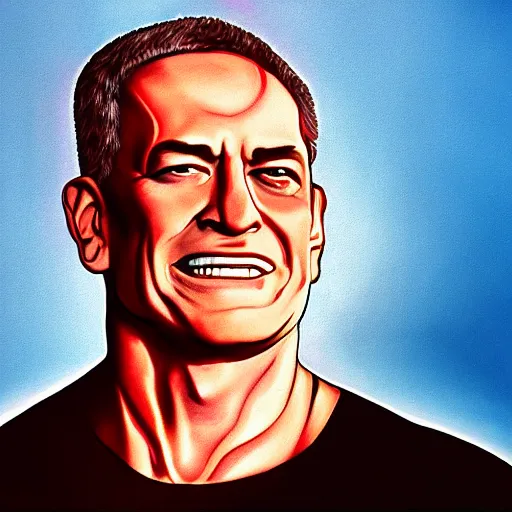 Prompt: a portrait of the terminator smiling as benjamin netanyahu, positive colors, warm