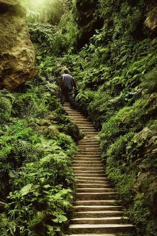 Prompt: canyon in oregon, old man on stone stairway inbetween highrise flats, overgrown lush plants, atmospheric, cinematic, beautiful low light by studio ghibli octane render 8k