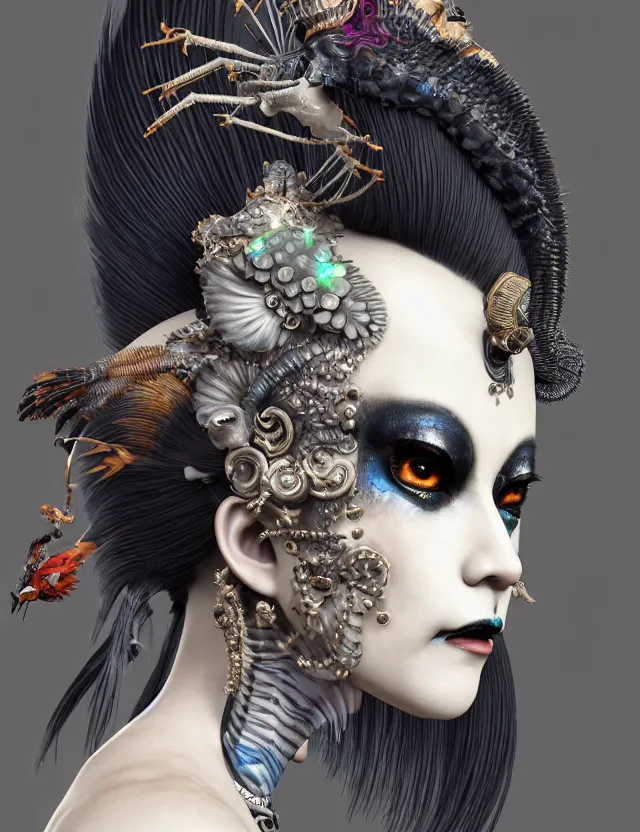 Image similar to 3 d goddess close - up profile portrait punk with mohawk in victorian style with ram skull. beautiful intricately detailed japanese crow kitsune mask and clasical japanese kimono. betta fish, jellyfish phoenix, bio luminescent, plasma, ice, water, wind, creature, artwork by tooth wu and wlop and beeple and greg rutkowski