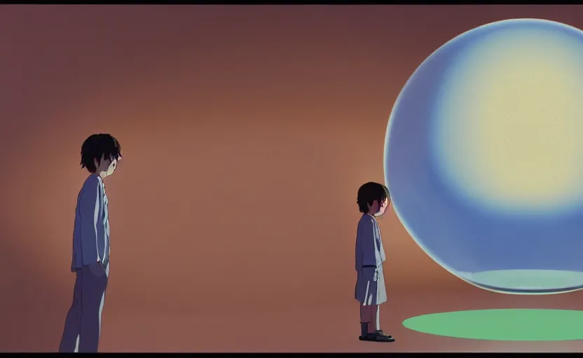 Image similar to hyperrealist, studio ghibli dull colors portrait from close encounters of the third kind 1 9 7 7 of a young scientist standing in a bubble temple.