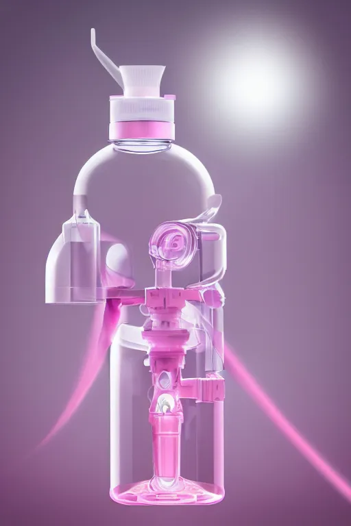 Image similar to Pink Vapor Inhalation Machine Connected to a Spherical Bottle of Pink Liquid Diapers by a Tube, Pink Vapor Leaking from an Oxygen Mask, fantasy, magic, ultra detailed, digital art, trending on artstation, illustration, medical laboratory