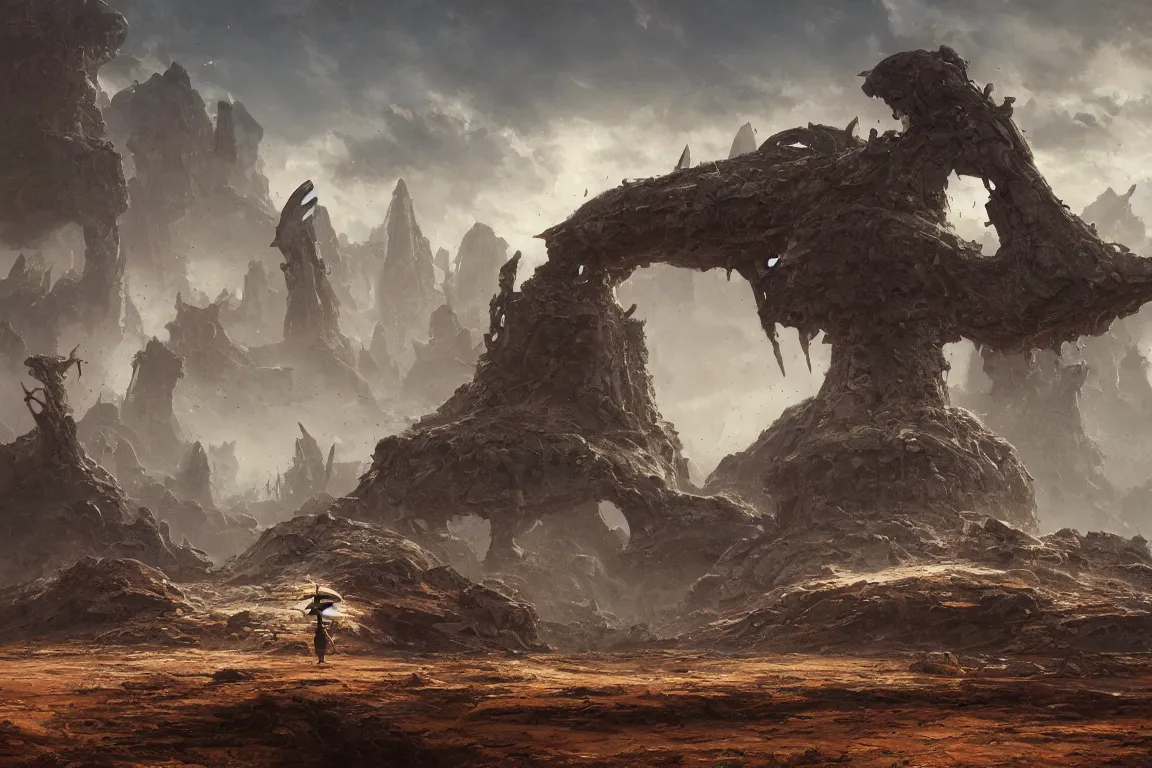 Image similar to giant metal skull ruin in unrecognizable alien landscape, oil painting, concept art, filip hodas, john howe, mike winkelmann, jessica rossier, andreas rocha, bruce pennington, albert bierstadt, 4 k