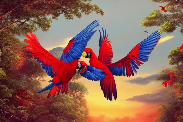 Image similar to gorgeous scarlet macaws flying at beautiful sunset in the distance through the forest, jungle mountains in the background, highly detailed, trending on art station, very detailed birds, viva la vida art by coldplay