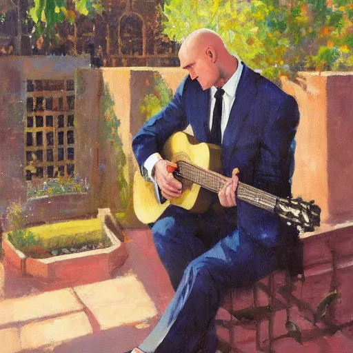 Image similar to a portrait of agent 4 7 from hitman wearing a red tie playing a guitar in a monestary garden by gregory manchess, james gurney, james jean