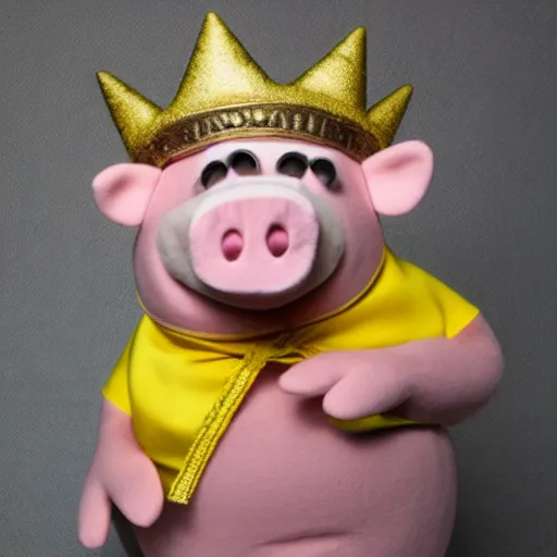 Prompt: studio photograph of a pig wearing a gold crown depicted as a muppet karate full body