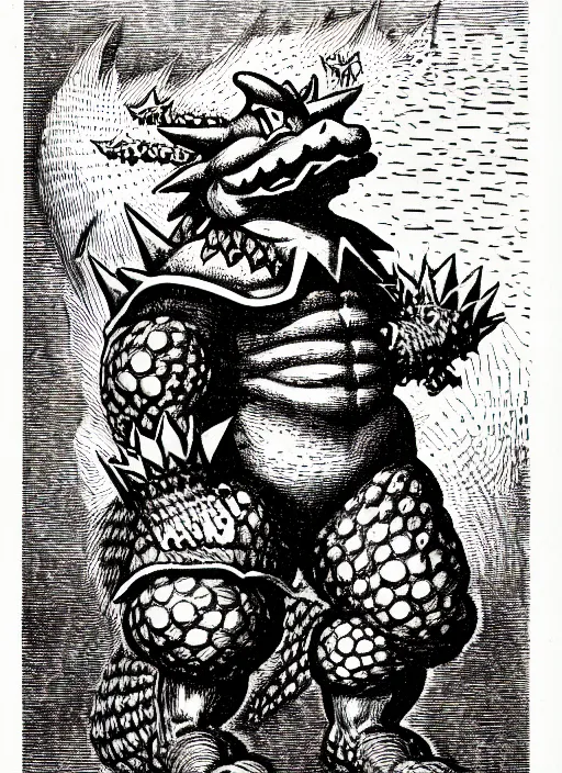 Image similar to illustration of bowser the king koopa as a demon from the dictionarre infernal, etching by louis le breton, 1 8 6 9, 1 2 0 0 dpi scan, ultrasharp detail, clean scan
